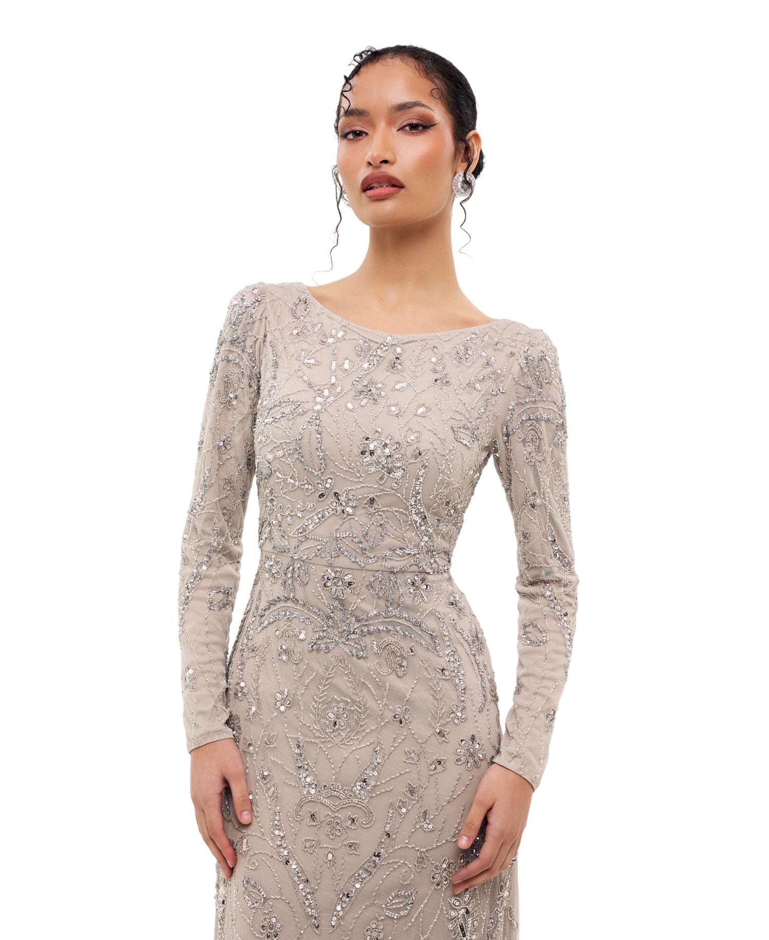 Women's Modest Floral Embellished Sequins Maxi Dress