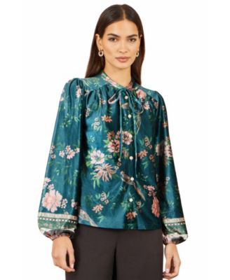 Women's Floral Tie Neck Velvet Blouse