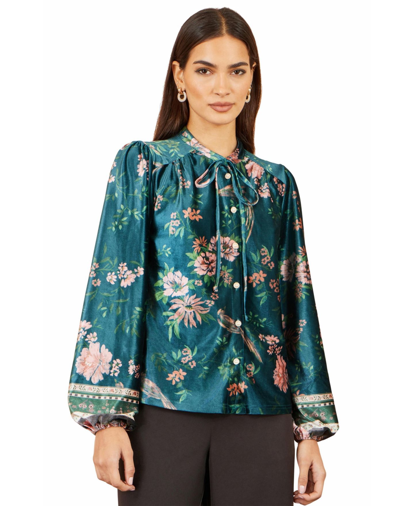 Женская блузка Yumi Floral Tie Neck Velvet, цвет: Зелёный — фото 1