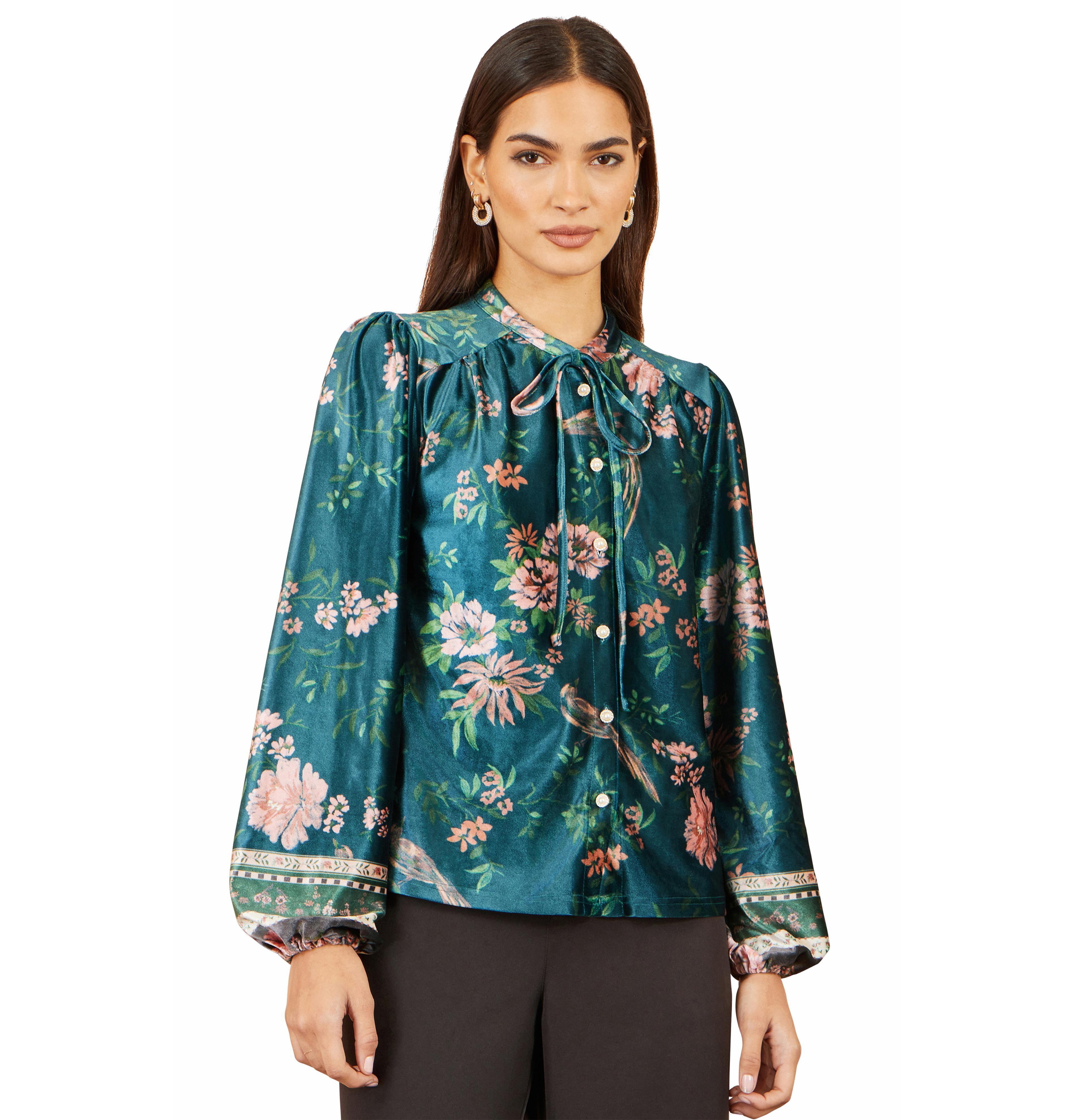 Yumi Women's Floral Tie Neck Velvet Blouse