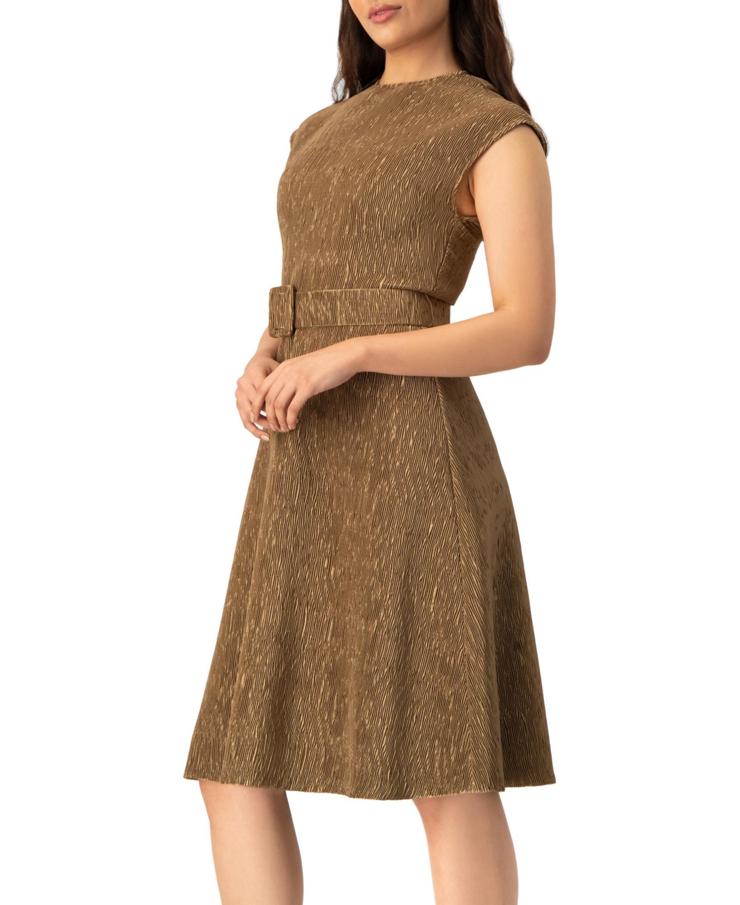 Women's Textured Belted A-Line Dress, Cap Sleeve Fit-and-Flare with Buckle Belt