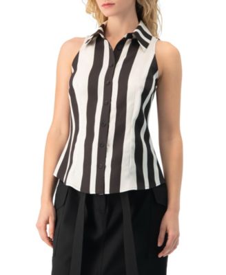 Women's Bold Vertical Stripe Sleeveless Fitted Button-Front Shirt