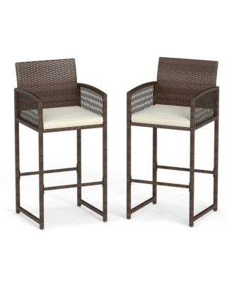 Outdoor PE Wicker Bar Stools Set of 2 Patio Bar Height Chairs with Cushions