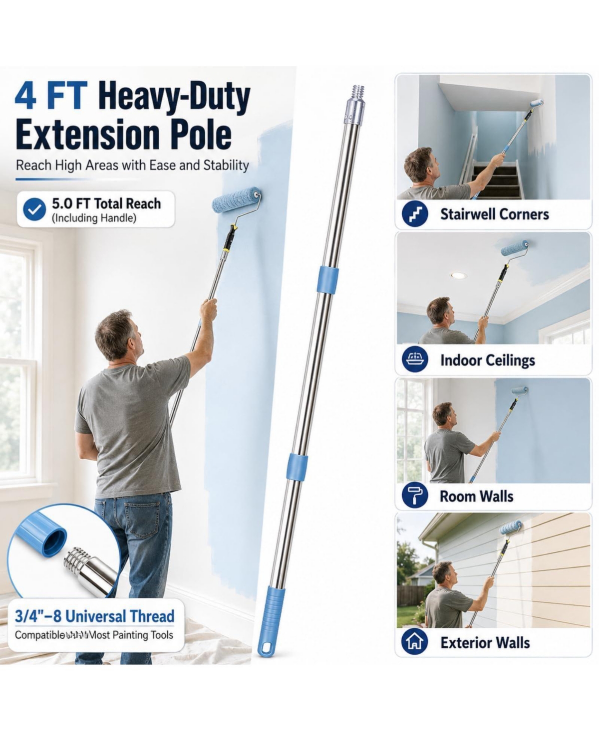 Xdovet Paint Roller Kit Extension Pole Frame Covers Tray Brush Putty