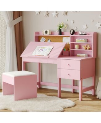 Adjustable Kids Desk and Chair Set, Wooden Study Table with Tilting Desktop, Drawers and Cork Board, Ergonomic Workspace for Boys and Girls