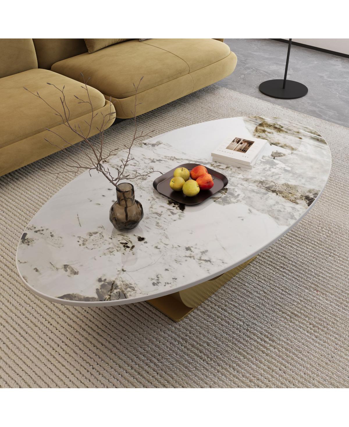 Streamdale Furniture 49.2" Oval Sintered Stone Coffee Table with Stainless Steel Base