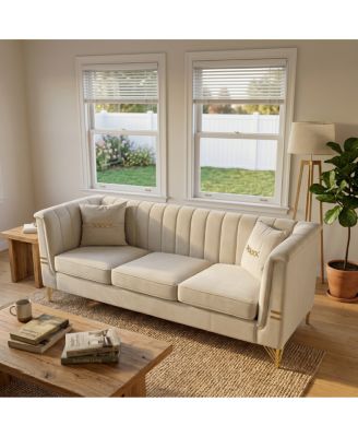 Modern 82.67" Vertical Channel Tufted Velvet 3-Seater Sofa with 2 Pillows