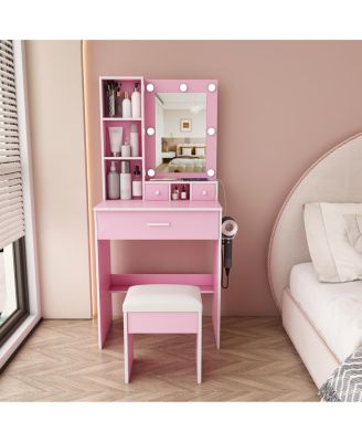 Vanity Table with LED Mirror, Power Outlet, Hairdryer Holder and Stool
