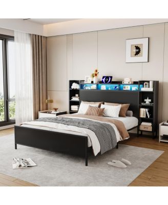 King Size Metal Platform Bed Frame with LED, USB, and Storage Headboard