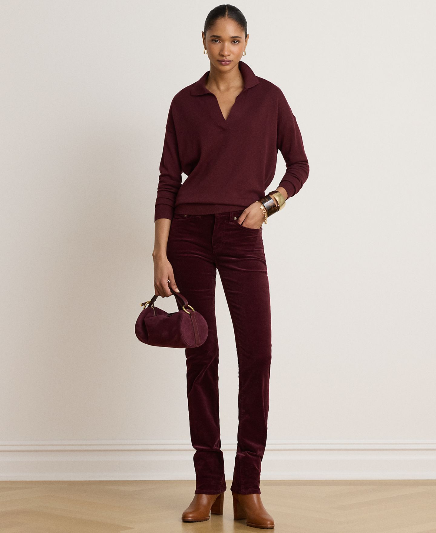 Женские брюки Lauren Ralph Lauren Petite Mid-Rise Slim-Straight Corduroy, цвет: Тёмный гранатовый — фото 3