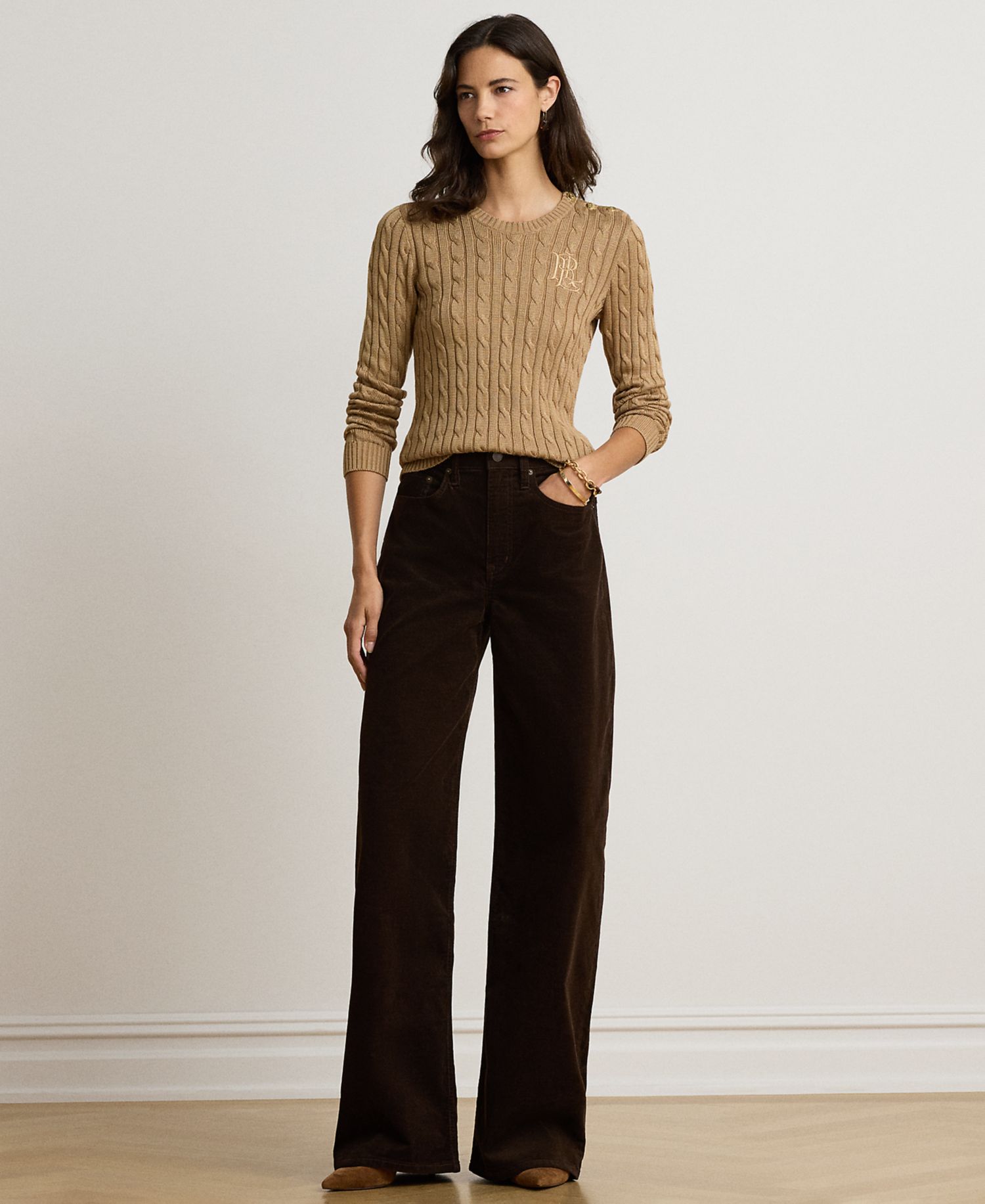 Petite Button-Trim Cable-Knit Sweater