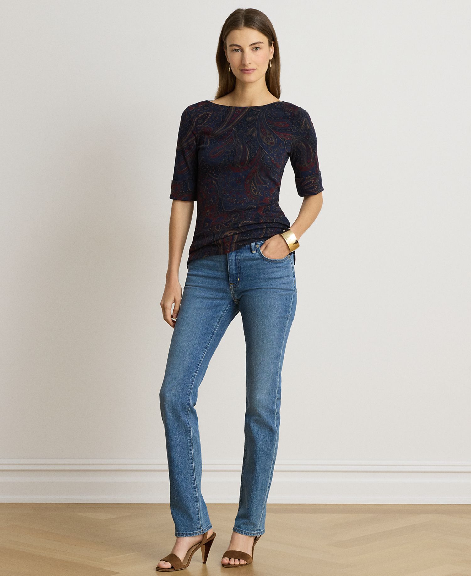 Petite Paisley Boat-Neck Stretch Cotton-Blend T-Shirt