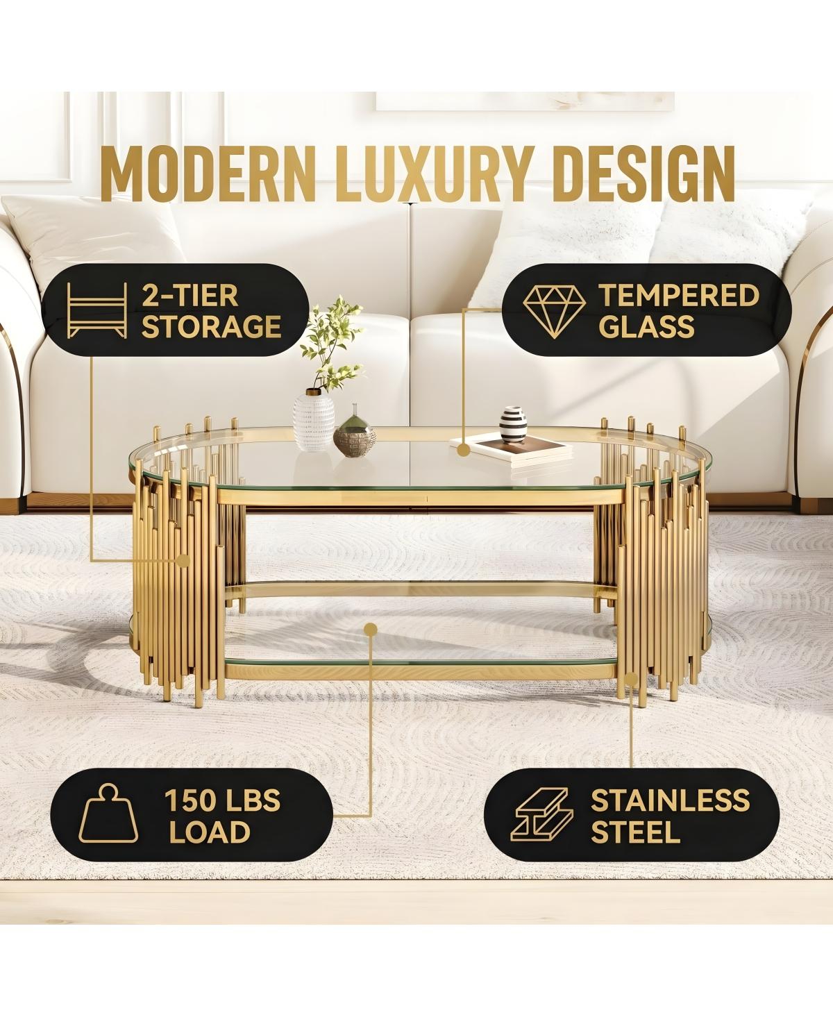 Streamdale Furniture Luxury 2-Tier Oval Glass Coffee Table with Organ Pipe Design