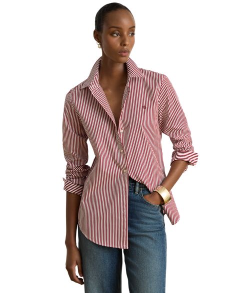 Женская рубашка Lauren Ralph Lauren Striped Long-Sleeve Button-Down, цвет: Бордовый / Белый