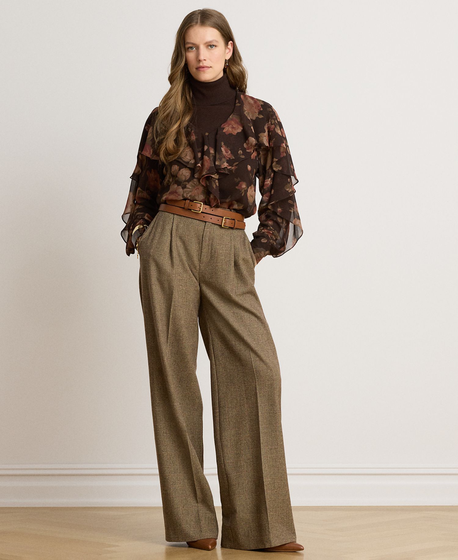 Petite Floral Ruffle-Trim Chiffon V-Neck Blouse