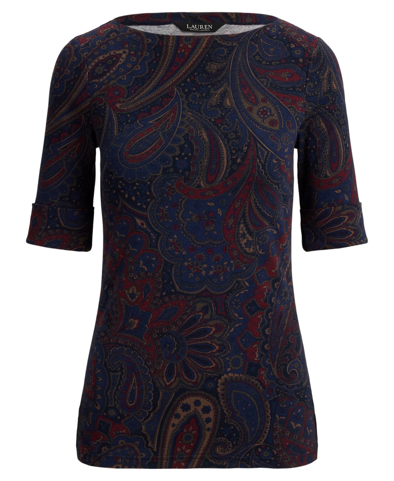 Petite Paisley Boat-Neck Stretch Cotton-Blend T-Shirt