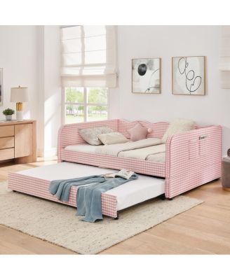 Gingham Upholstered 3-in-1 Convertible Daybed with Trundle and Storage