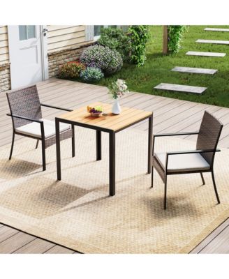 3-Piece Patio Dining Set with Square Table, 2 Chairs, Umbrella Hole and Cushions, PE Wicker Outdoor Furniture for Backyard, Garden or Poolside