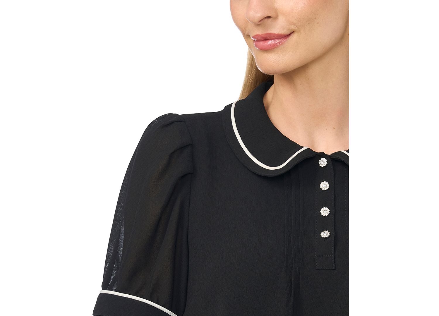 Women's Puff Short-Sleeve Pintuck Pleat Peter Pan Collar Top