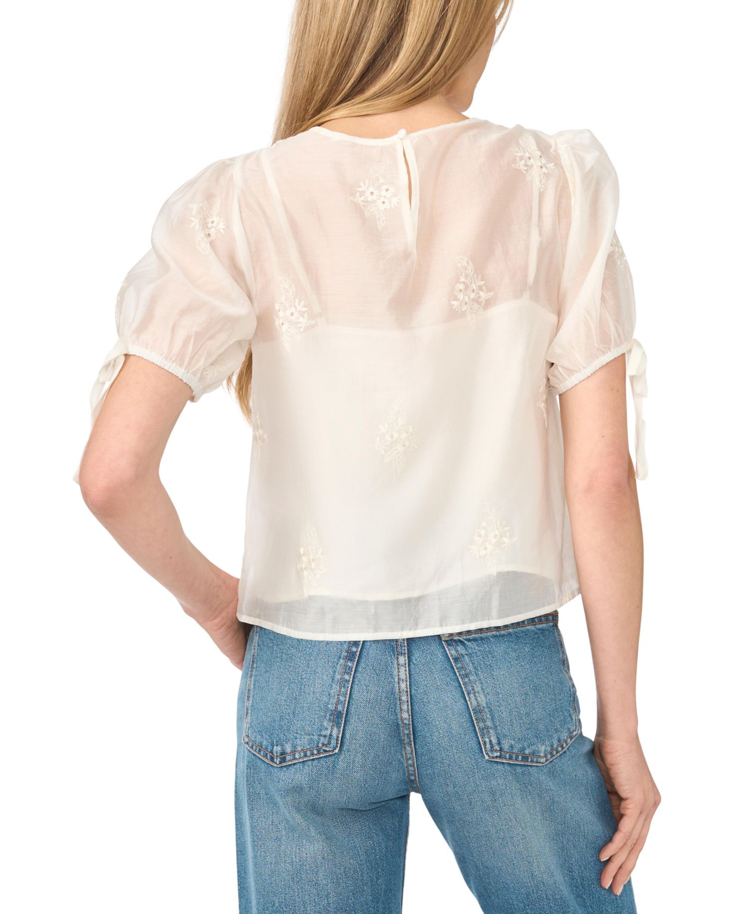 Women's Bubble Short-Sleeve Floral-Print Shirred Neck Top
