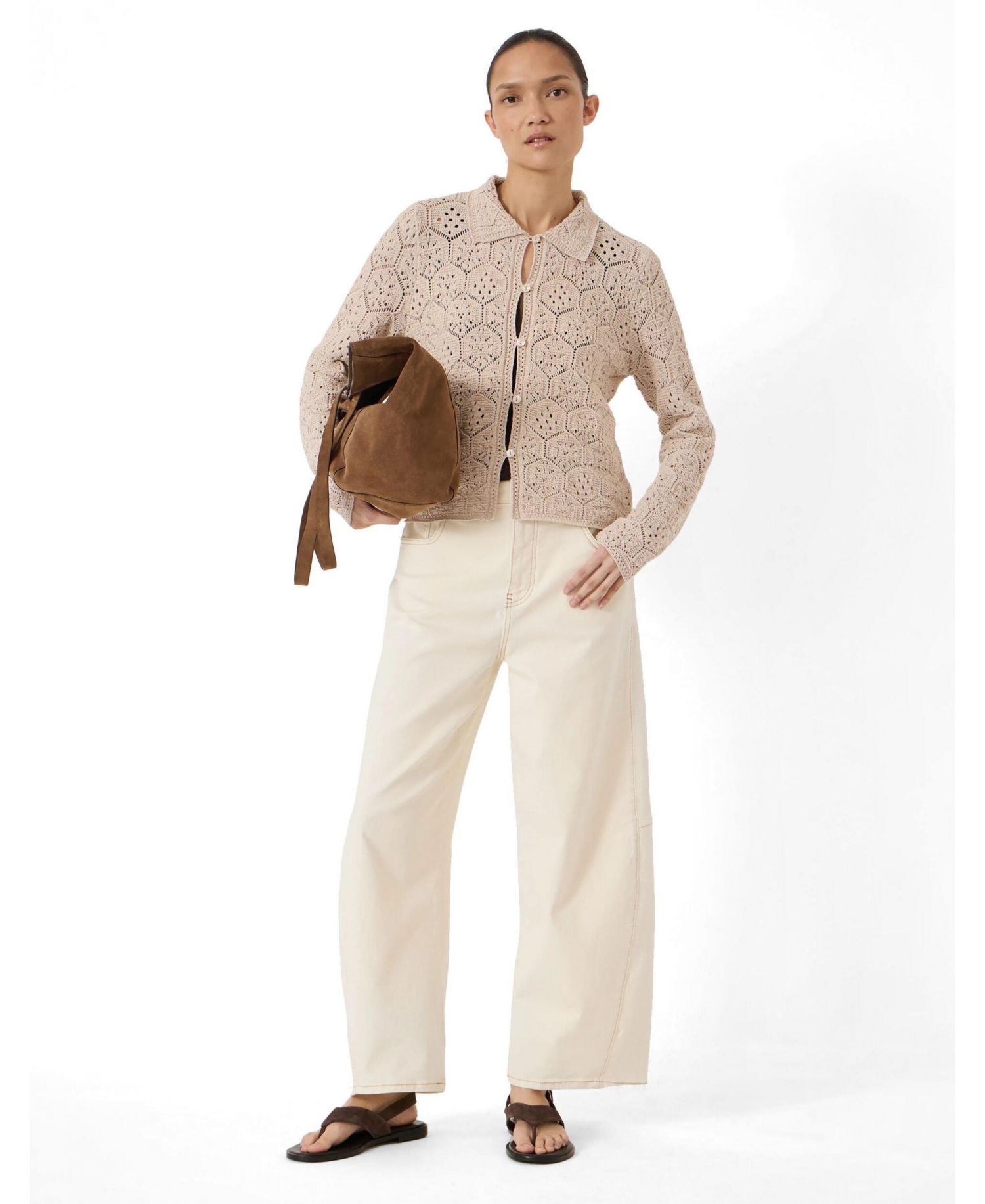 Women's Crochet Cropped Cotton Long-Sleeve Cardigan
