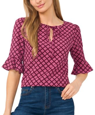 Women's Split Tie Neck 3/4-Sleeve Ruffle Cuff Blouse