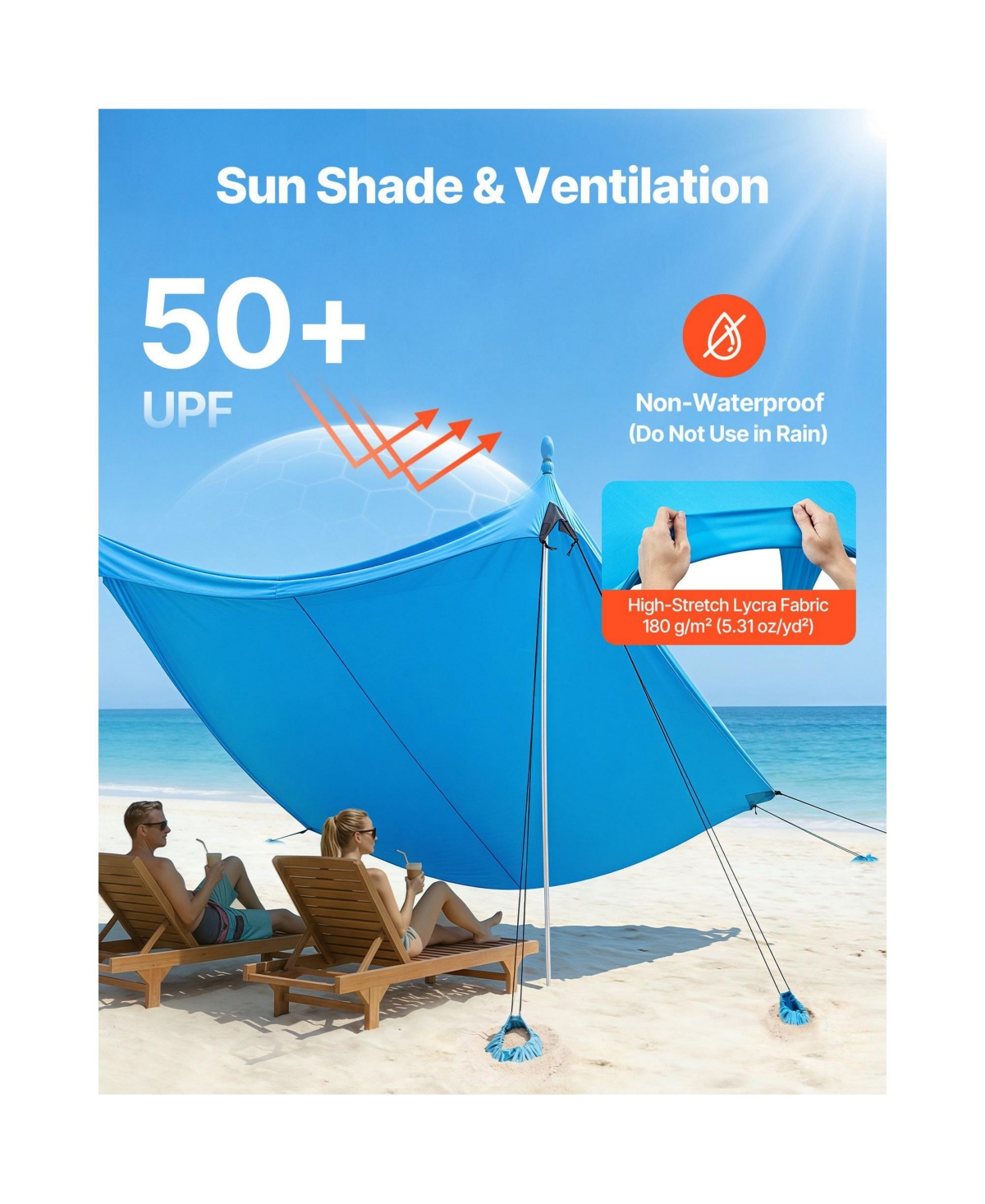 Mountaintop Beach Tent Sun Shelter, UPF50+ Pop-Up Canopy, 8 Sandbags, Support Poles and Sand Shovels for Family Outdoor Trips