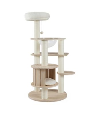 Wooden 52 Inch Cat Tree Tower with Enclosed Space Capsule