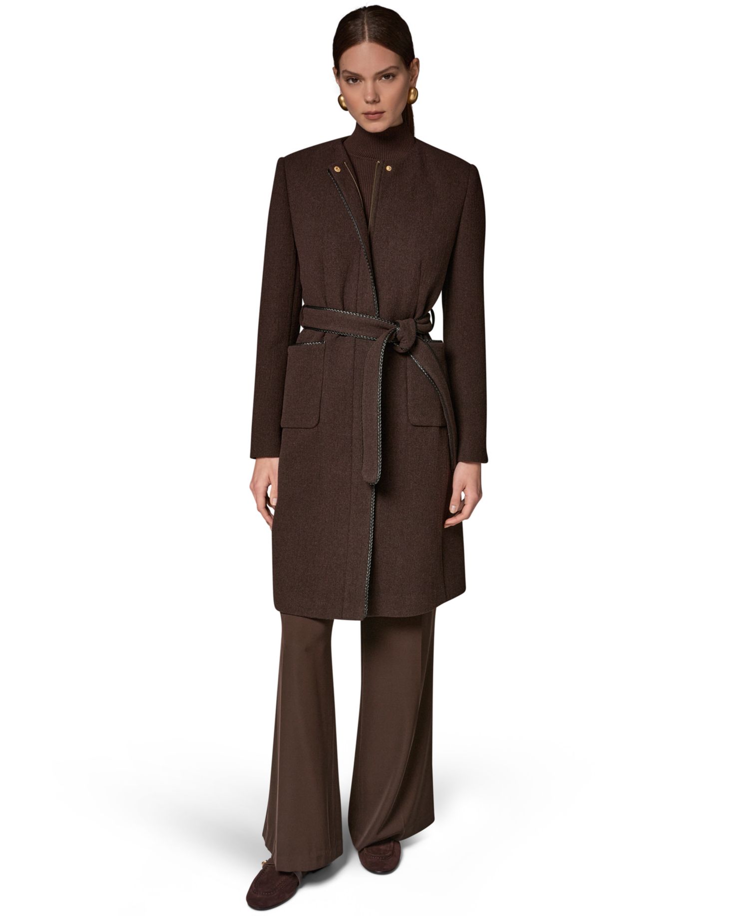Women's Collarless Wool-Blend Pleather Trim Coat