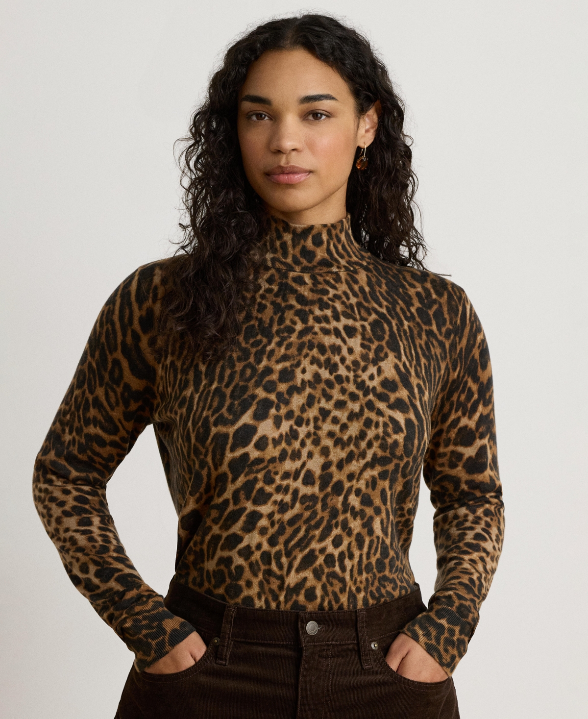 Lauren Ralph Women's Ocelot Print Long-Sleeve Mock Neck Top