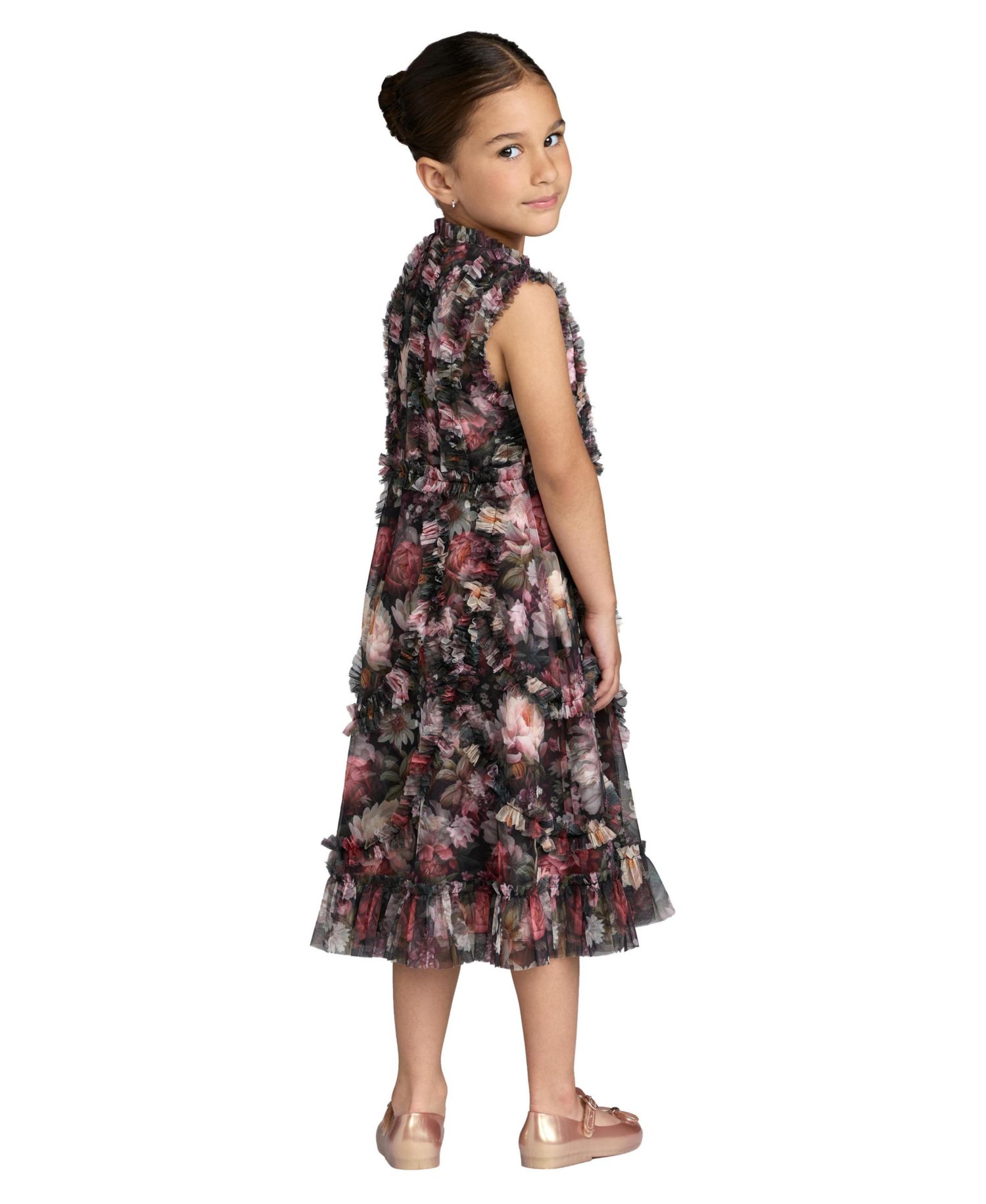 Big Girls 2-14 Sleeveless Mesh Ruffle High Neck Dress