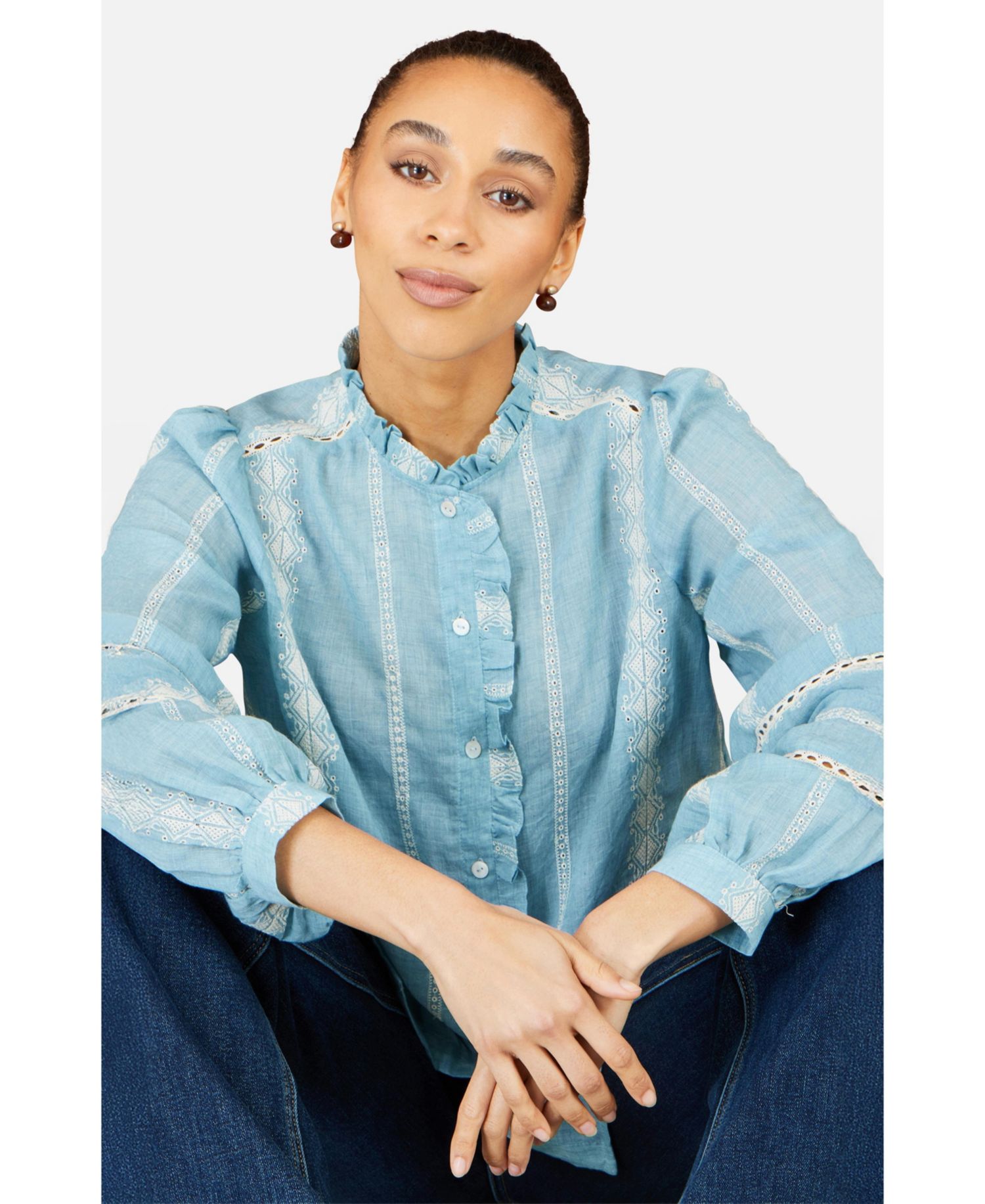 Women's Long-Sleeve Button-Up Mandarin Collar Blouse