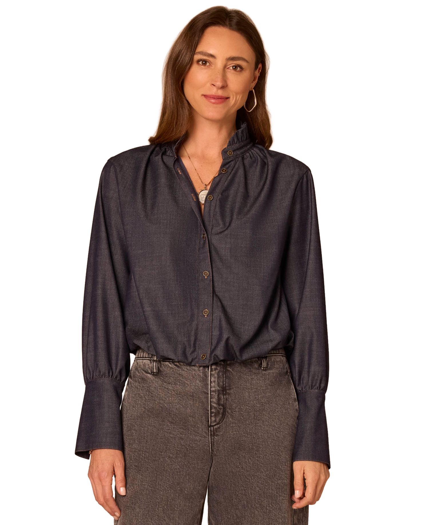 Petite Long French Cuff Ruffle-Neck Blouse