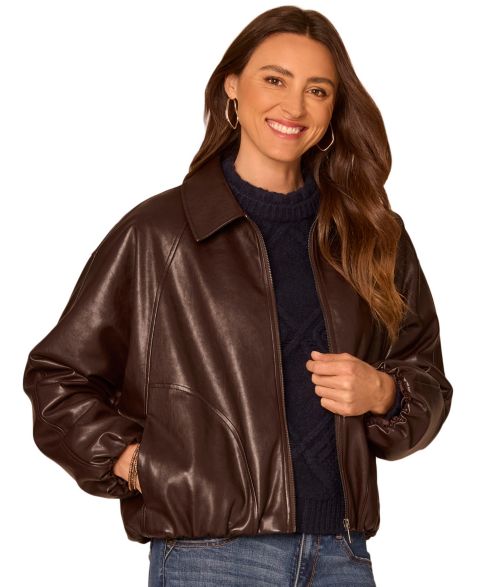 Женская куртка Democracy Petite Faux Leather Blouson-Sleeve Raglan Bomber, цвет: Шоколадный