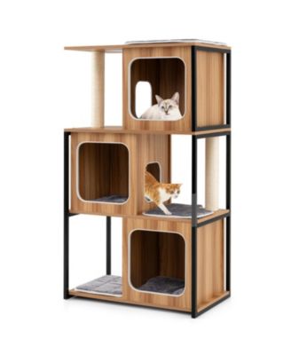 Metal-Frame Modern Cat Tree with Enclosed Cat House, 52 Inch