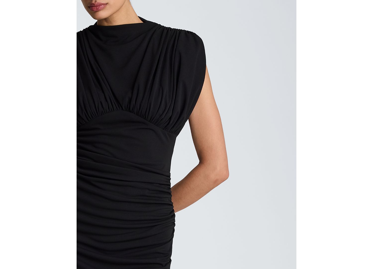 Women's Power-Shoulder Cowl Neck Ruched Mini Dress
