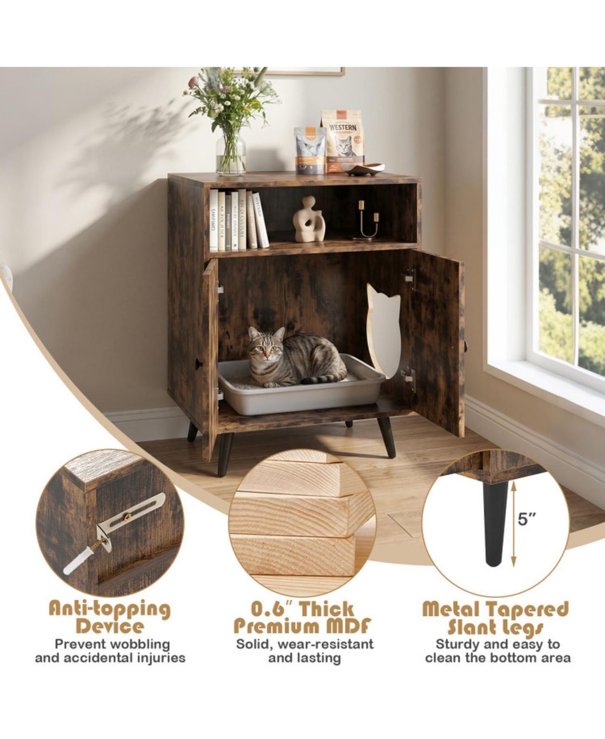 Hongge Industrial Cat Litter Box Enclosure with Cat-Shaped Entry Tabletop and Open Compartment