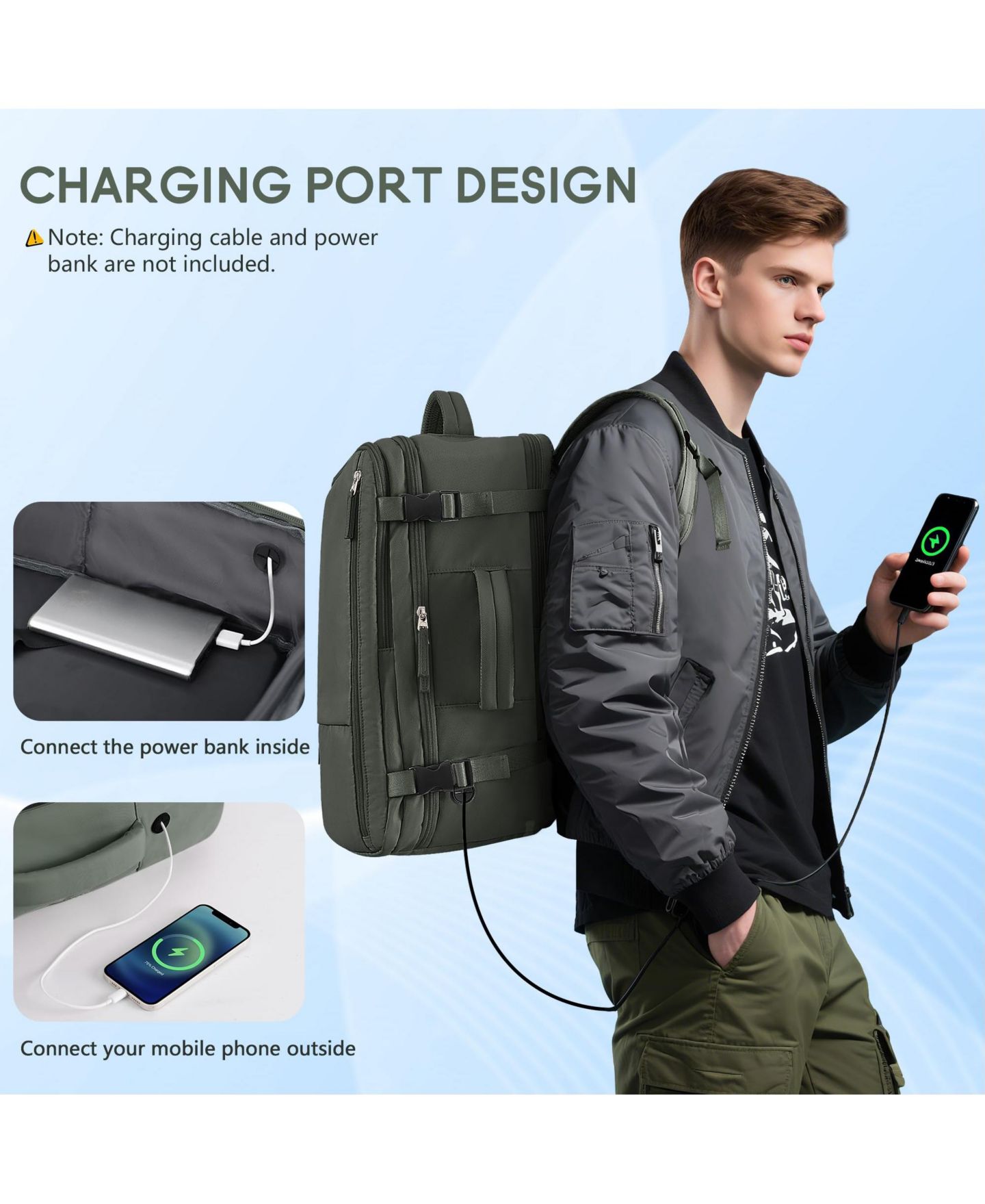 Рюкзак Piscifun 16 Inch Laptop Carry On Travel Waterproof Daypack With USB Charging Port, цвет: Оливковый зелёный — фото 4