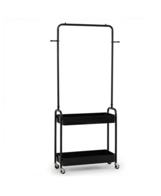 Heavy-Duty Rolling Clothes Rack with Hanging Rod and 2 Storage Baskets