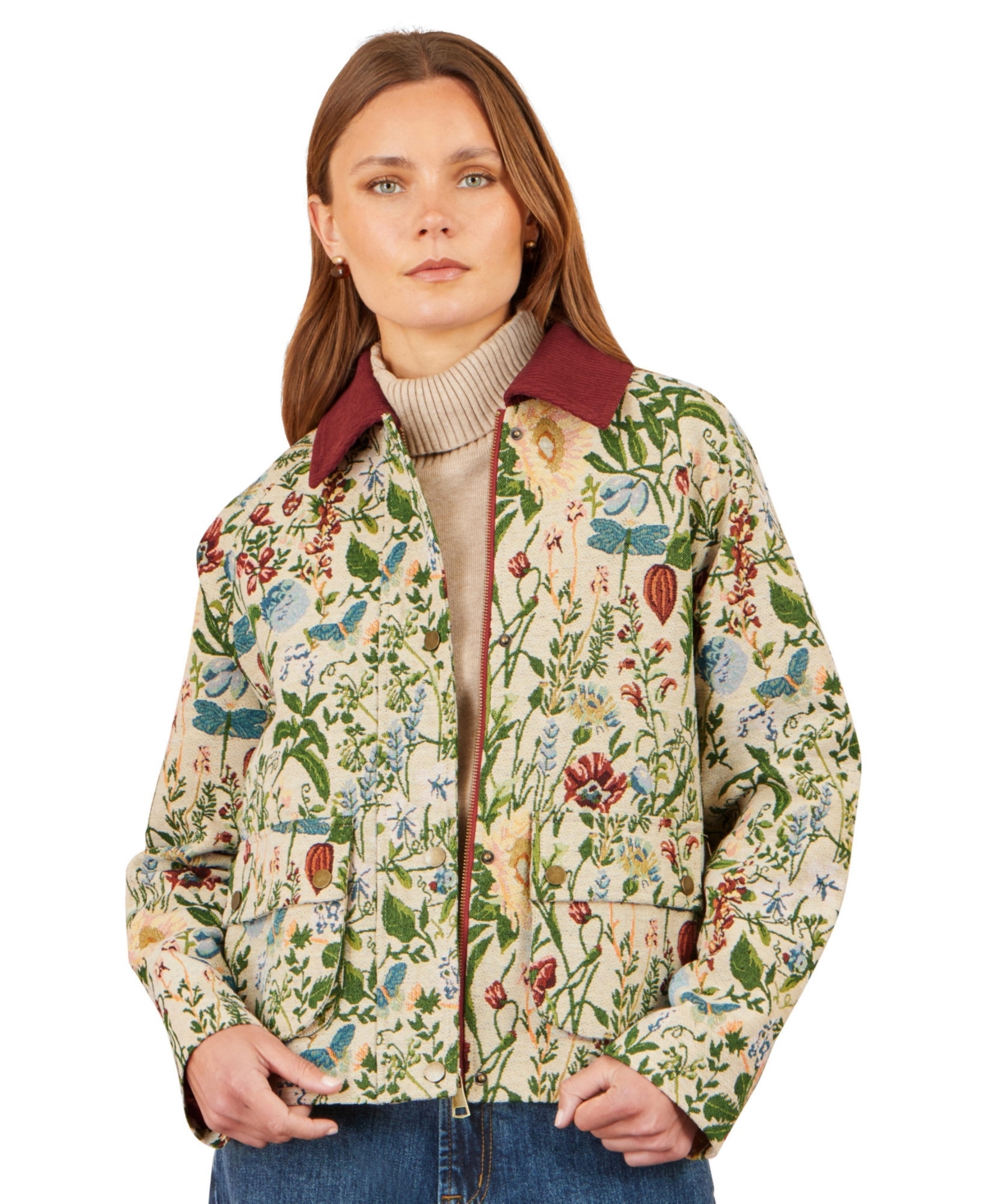 Yumi Women's Botanical Woven Bomber Floral-Print Lined Jacket - Ivory