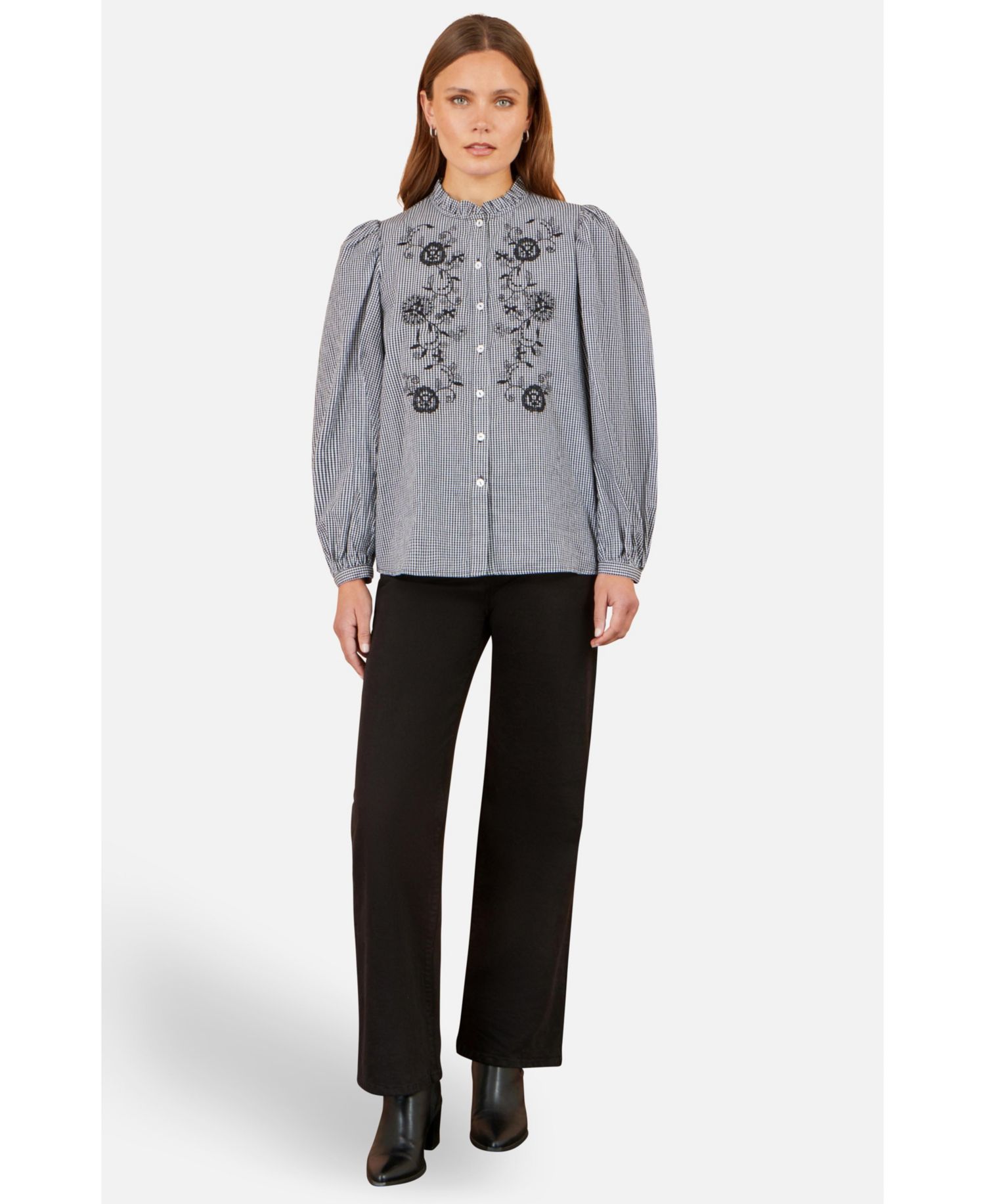 Women's Gingham Embroidered Long-Sleeve Blouse