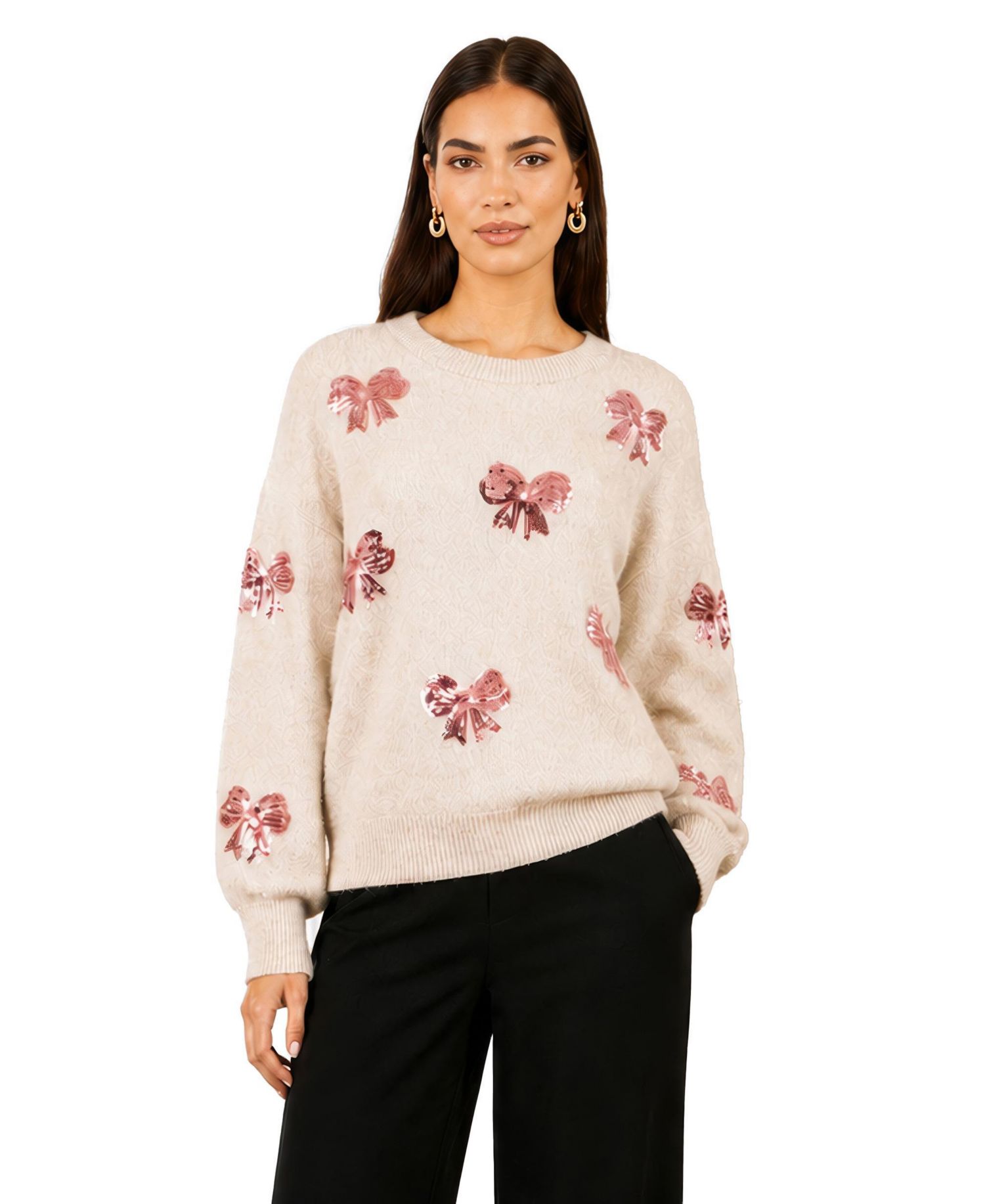 Women's Relaxed Sequin Bow Sweater