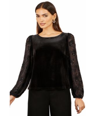 Women's Tie-Neck Velvet Long-Sleeve Blouse