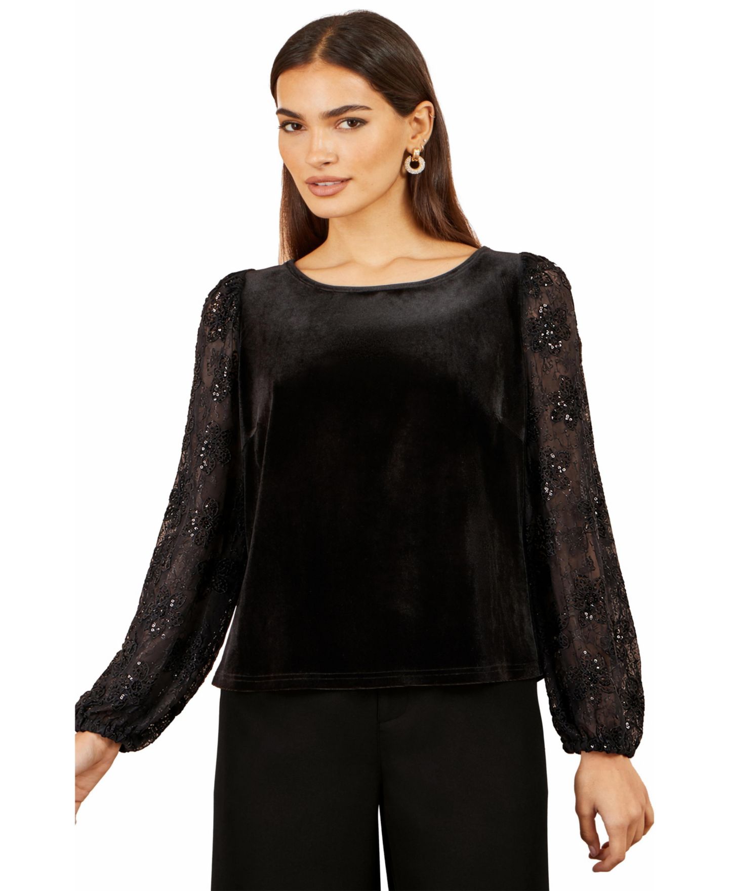 Женская блузка Yumi Tie-Neck Velvet Long-Sleeve, цвет: Чёрный — фото 1