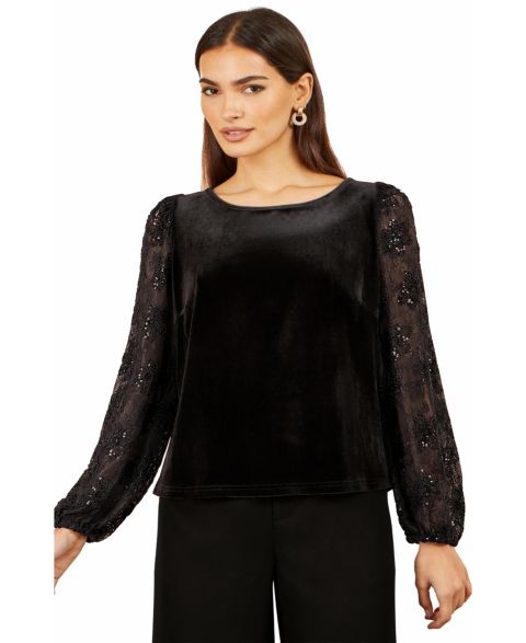 Женская блузка Yumi Tie-Neck Velvet Long-Sleeve, цвет: Чёрный