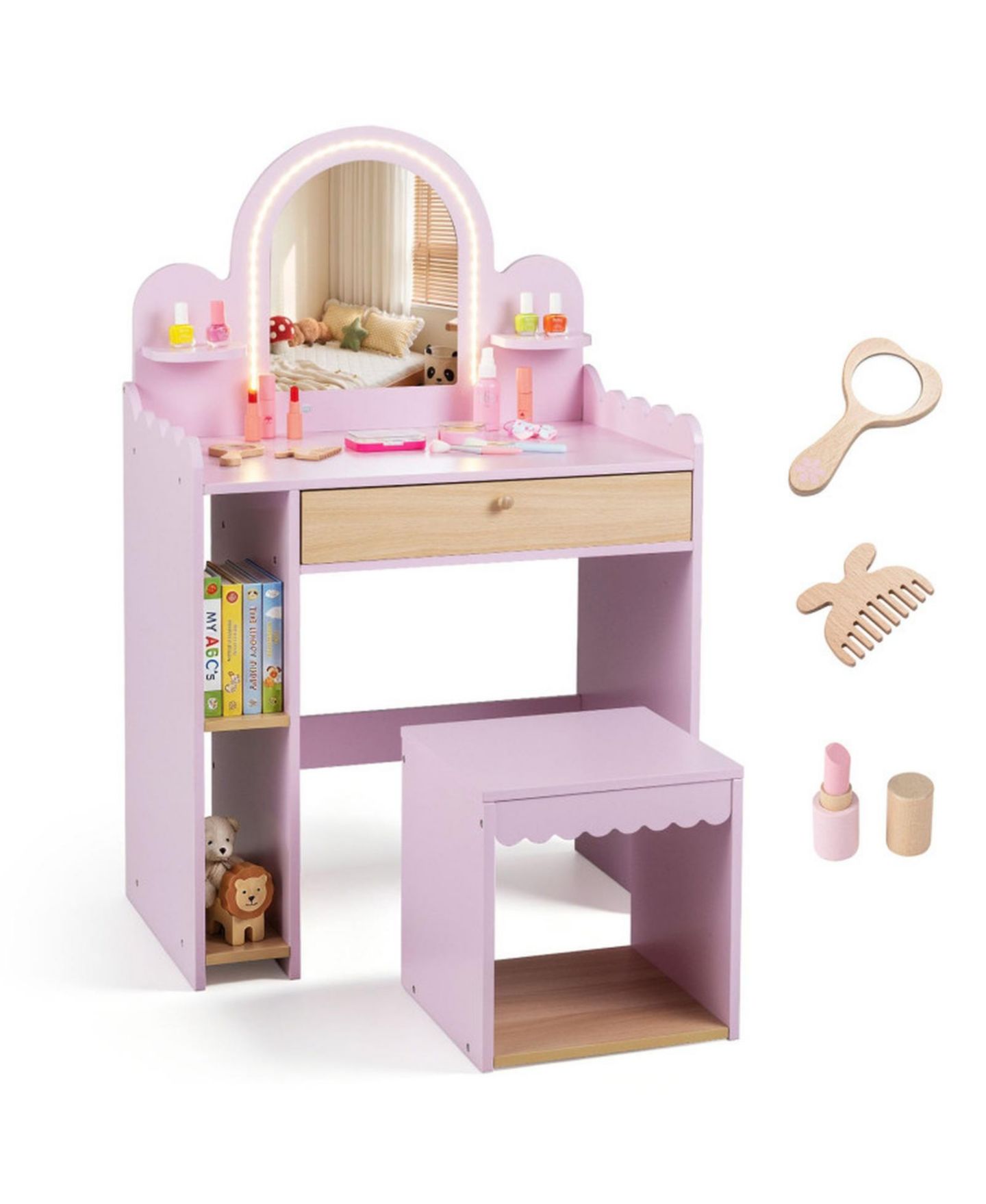 Детские игрушки HONGGE Lighted Makeup Mirror 2-Piece Vanity and Chair Set, Ages 3+, цвет: Розовый / Коричневый — фото 8