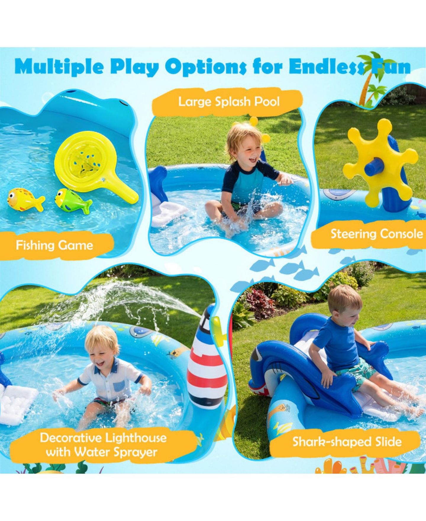 Детская игрушка HONGGE Marine Life Inflatable Spray Pool Play Center with Shark Slide, 74"L x 60.2"W x 24.8"H, 43-Gallon Capacity, Ages 2+, цвет: Океанский синий — фото 6