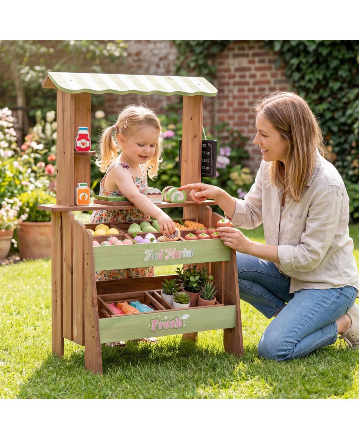 Детский игровой набор HONGGE Wooden Kids Grocery Store Playset with Chalkboard and 43 Pieces, цвет: Коричневый / Зелёный — фото 10
