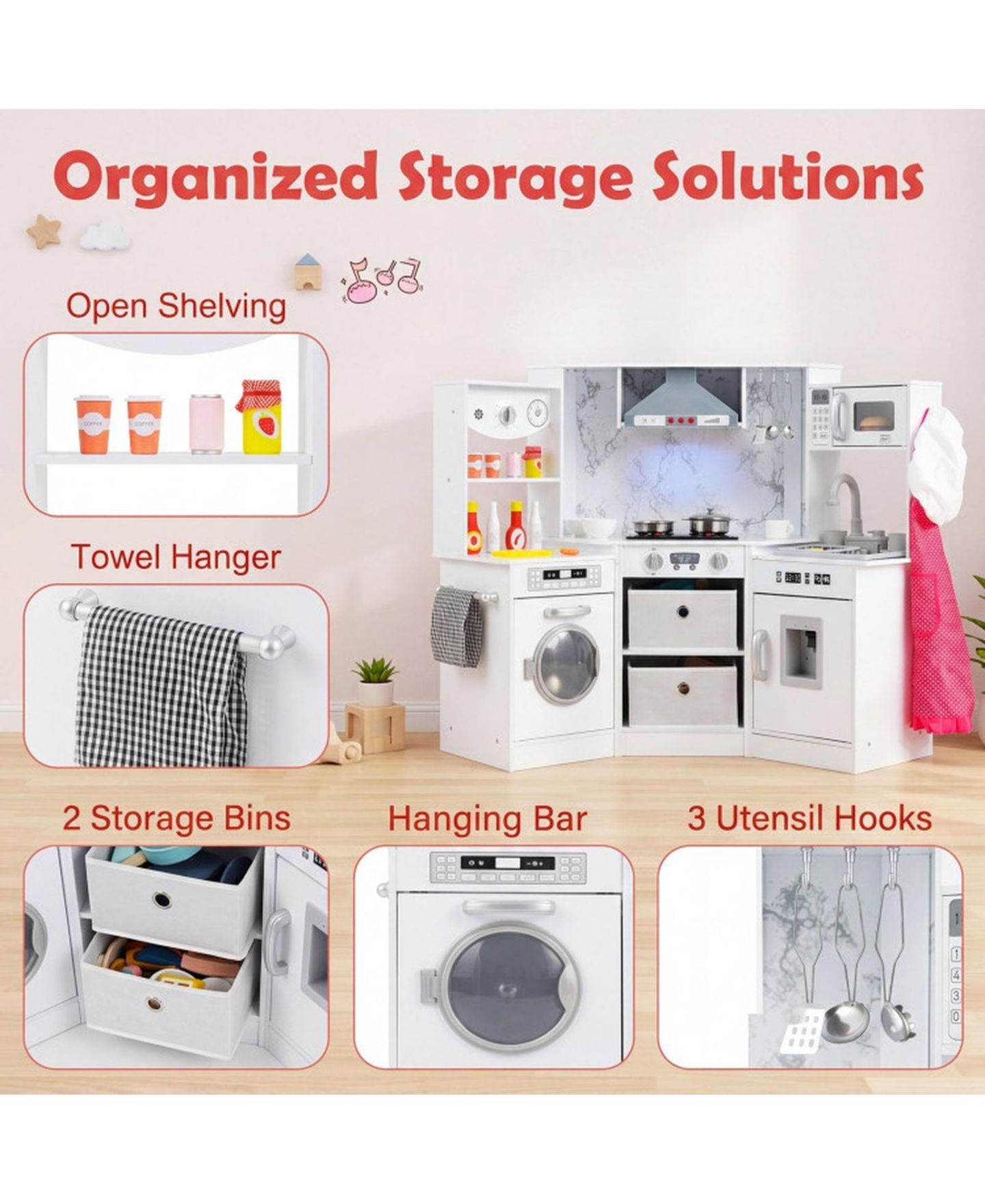 Детская игрушка HONGGE Wooden Kids Play Kitchen with Water Circulation Sink and Sounds, цвет: Серый / Кофейный — фото 8
