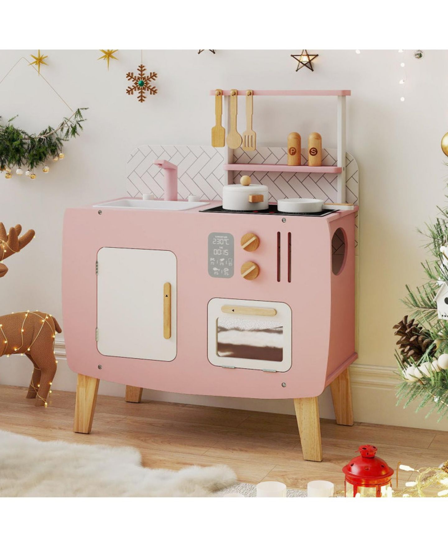 Детские игрушки HONGGE Four-Station Wooden Play Kitchen, 7-Piece Set, Ages 3+, цвет: Розовый / Белый — фото 2